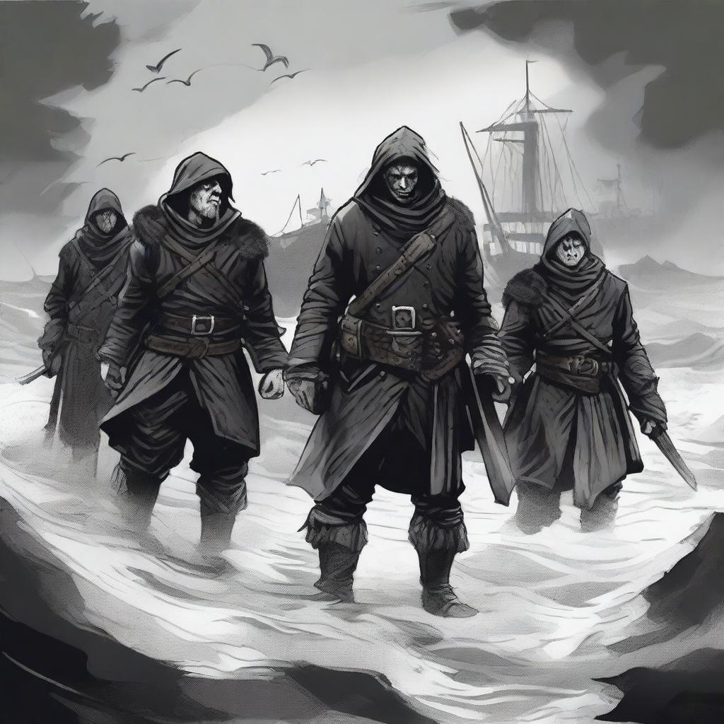 Create an illustration of armed medieval Baltic sailors with their faces obscured in a black and white dark fantasy DND style