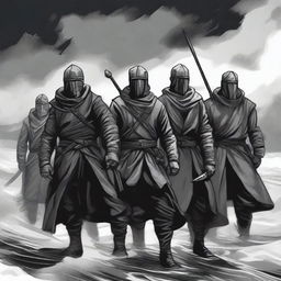 Create an illustration of armed medieval Baltic sailors with their faces obscured in a black and white dark fantasy DND style