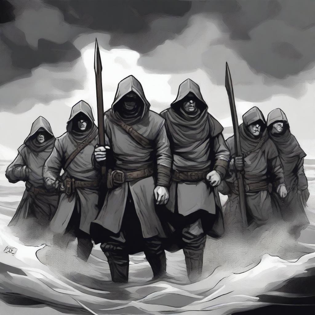 Create an illustration of armed medieval Baltic sailors with their faces obscured in a black and white dark fantasy DND style