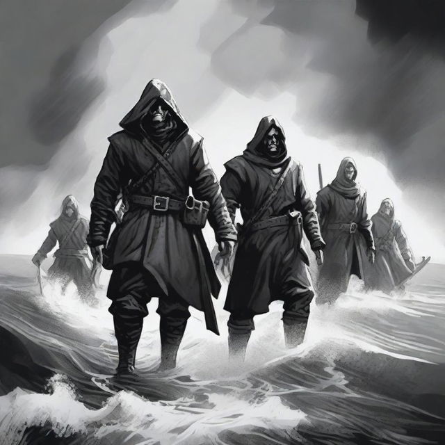 Create an illustration of armed medieval Baltic sailors with their faces obscured in a black and white dark fantasy DND style