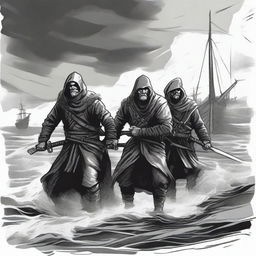 Create an illustration of armed medieval Baltic sailors with their faces obscured in a black and white dark fantasy DND style