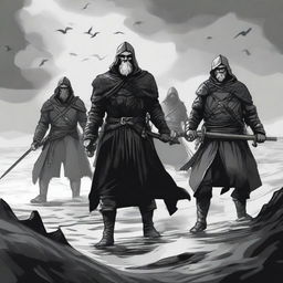 Create an illustration of armed medieval Baltic sailors with their faces obscured in a black and white dark fantasy DND style