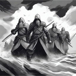 Create an illustration of armed medieval Norse sailors with their faces obscured in a black and white dark fantasy DND style