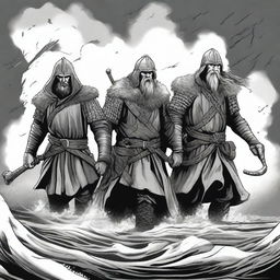 Create an illustration of armed medieval Norse sailors with their faces obscured in a black and white dark fantasy DND style