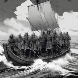 Create an illustration of armed medieval Norse sailors with their faces obscured in a black and white dark fantasy DND style