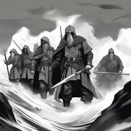 Create an illustration of armed medieval Norse sailors with their faces obscured in a black and white dark fantasy DND style