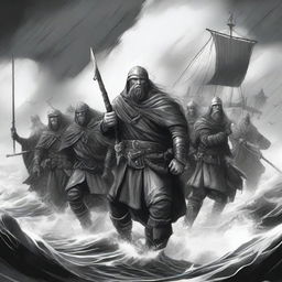 Create an illustration of armed medieval Norse sailors with their faces obscured in a black and white dark fantasy DND style