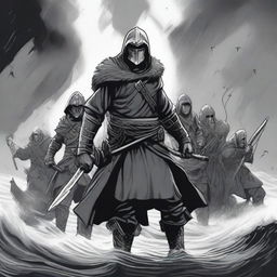 Create an illustration of armed medieval Norse sailors with their faces obscured in a black and white dark fantasy DND style