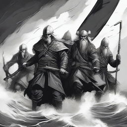 Create an illustration of armed medieval Norse sailors with their faces obscured in a black and white dark fantasy DND style