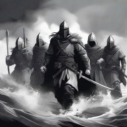 Create an illustration of armed medieval Norse sailors with their faces obscured in a black and white dark fantasy DND style