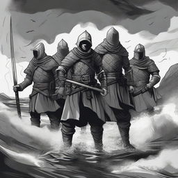 Create an illustration of armed medieval sailors with their faces obscured in a black and white dark fantasy DND style