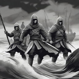 Create an illustration of armed medieval sailors with their faces obscured in a black and white dark fantasy DND style