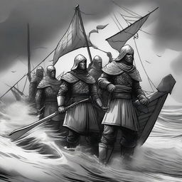 Create an illustration of armed medieval sailors with their faces obscured in a black and white dark fantasy DND style