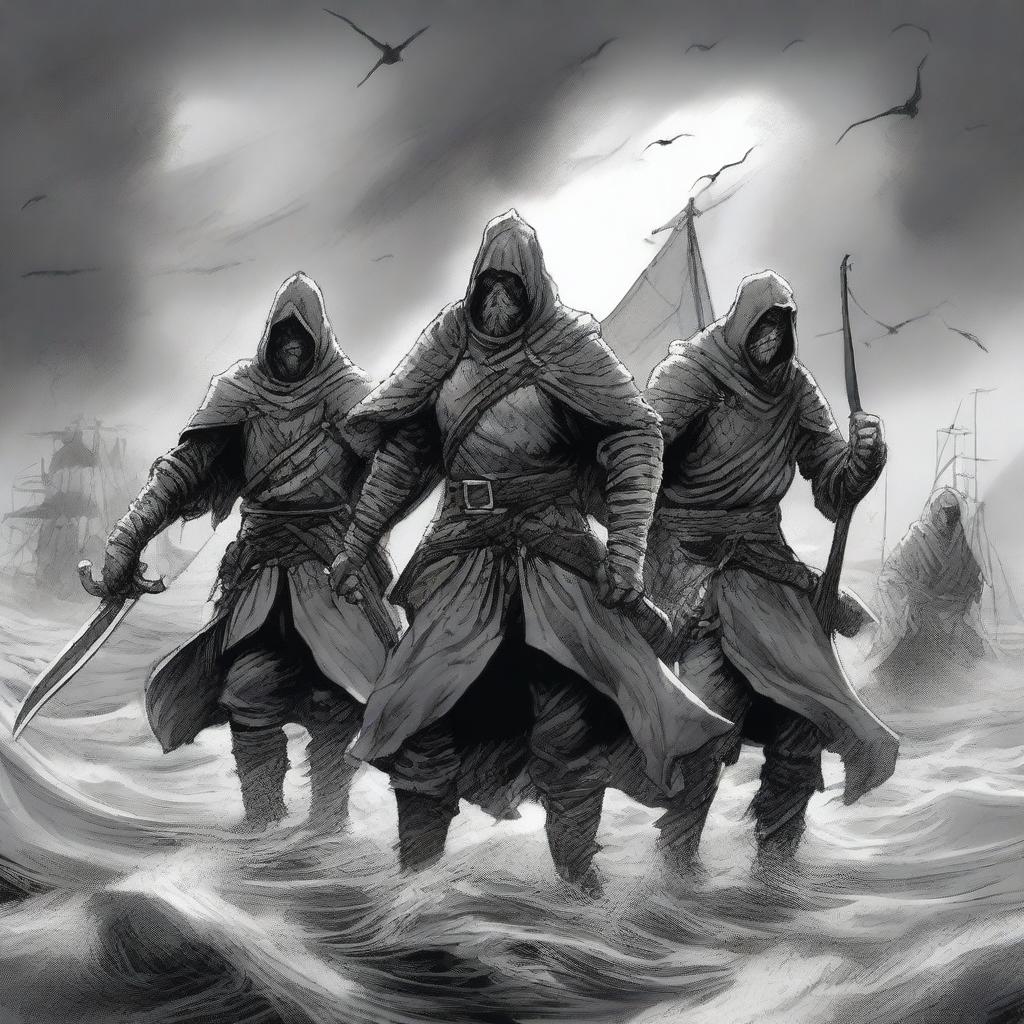 Create an illustration of armed medieval sailors with their faces obscured in a black and white dark fantasy DND style