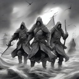 Create an illustration of armed medieval sailors with their faces obscured in a black and white dark fantasy DND style