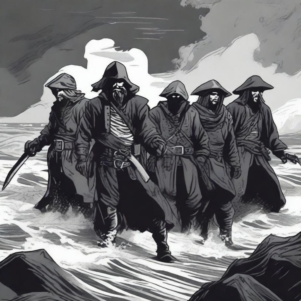 Create an illustration of armed medieval pirates with their faces obscured in a black and white dark fantasy DND style