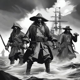 Create an illustration of armed medieval pirates with their faces obscured in a black and white dark fantasy DND style