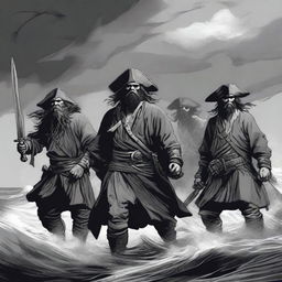 Create an illustration of armed medieval pirates with their faces obscured in a black and white dark fantasy DND style