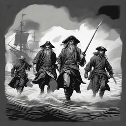 Create an illustration of armed medieval pirates with their faces obscured in a black and white dark fantasy DND style