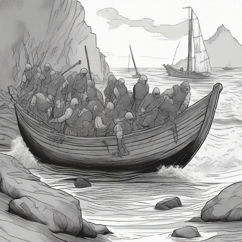 Create an illustration of armed medieval men disembarking a boat onto a coast with their faces obscured in a black and white dark fantasy DND style