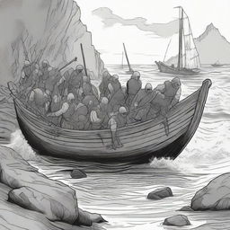 Create an illustration of armed medieval men disembarking a boat onto a coast with their faces obscured in a black and white dark fantasy DND style