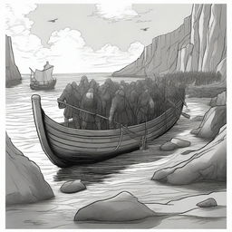 Create an illustration of armed medieval men disembarking a boat onto a coast with their faces obscured in a black and white dark fantasy DND style