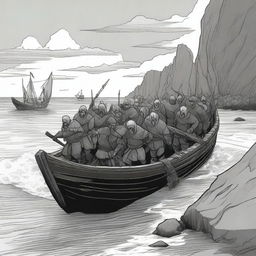 Create an illustration of armed medieval men disembarking a boat onto a coast with their faces obscured in a black and white dark fantasy DND style