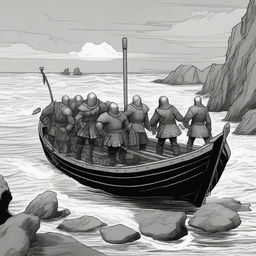 Create an illustration of armed medieval men disembarking a boat onto a coast with their faces obscured in a black and white dark fantasy DND style