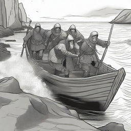 Create an illustration of 5 armed medieval men disembarking a boat onto a coast with their faces obscured in a black and white dark fantasy DND style