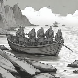 Create an illustration of 5 armed medieval men disembarking a boat onto a coast with their faces obscured in a black and white dark fantasy DND style