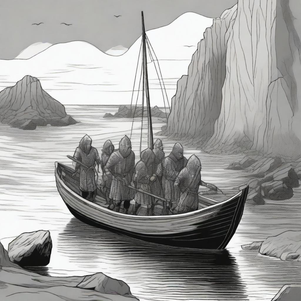 Create an illustration of 5 armed medieval men disembarking a boat onto a coast with their faces obscured in a black and white dark fantasy DND style