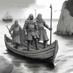 Create an illustration of 5 armed medieval men disembarking a boat onto a coast with their faces obscured in a black and white dark fantasy DND style