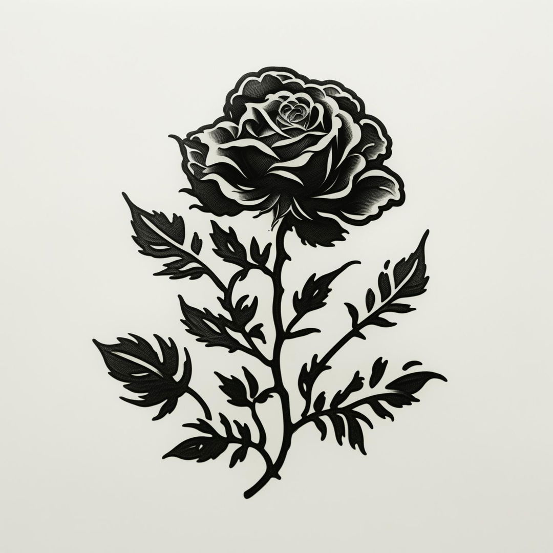 Design a simple, elegant rose stencil with clear lines and shapes, including petals, stem, and leaves