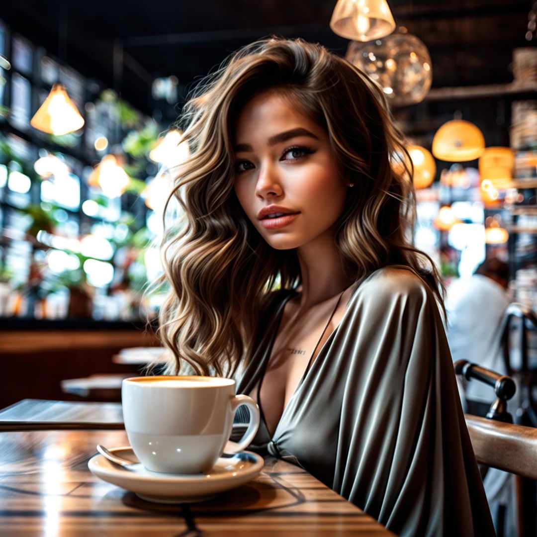 High-definition photograph of a beautiful social media influencer at a cafe with realistic skin and hair details, perfect composition, and professional finish