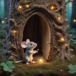 Depict a scene from a magical forest where Sparkle, a small adventurous mouse, discovers a hidden door woven from the roots of ancient trees, radiating with enchanting glow.