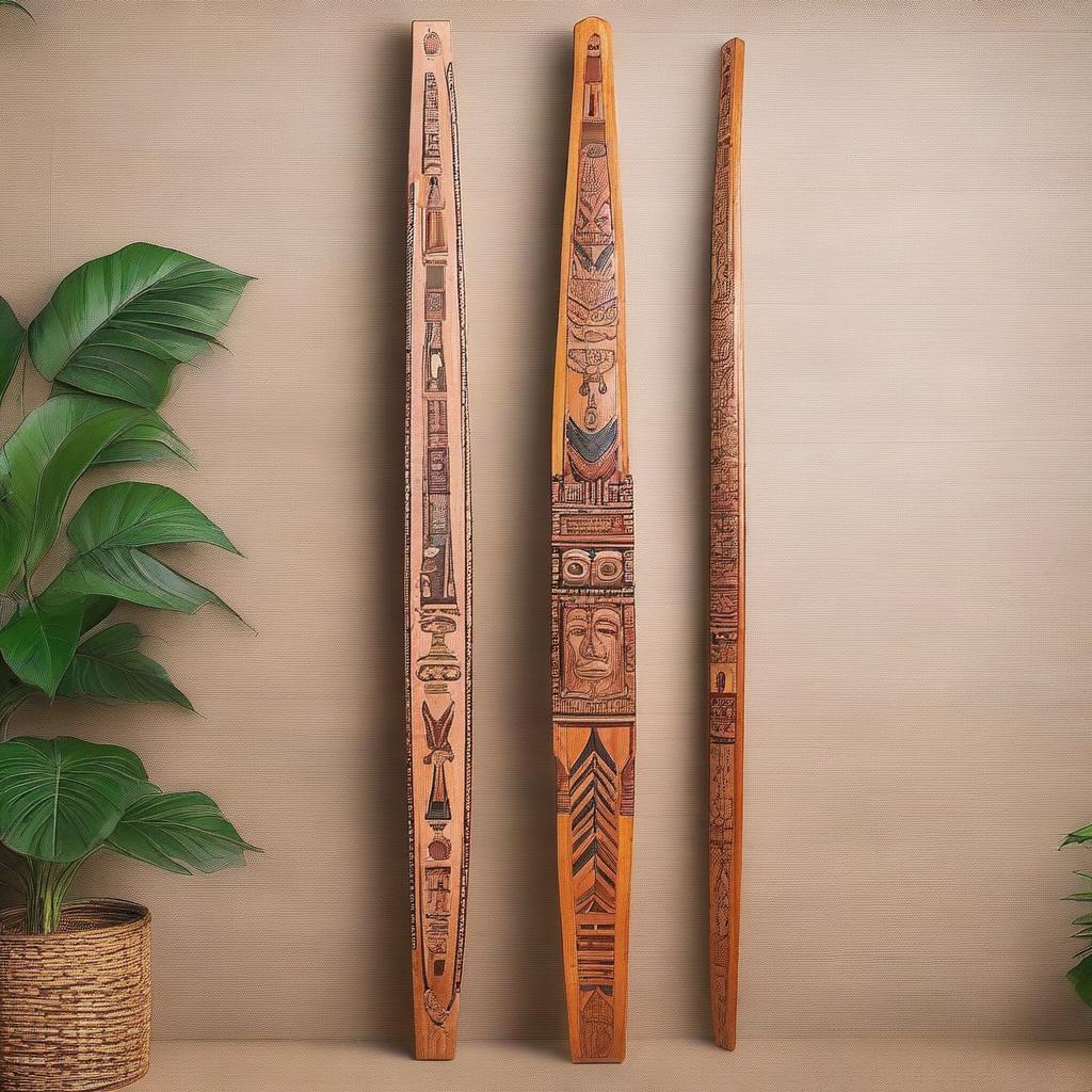 A beautifully crafted wood longbow adorned with intricate stone Aztec face inlays