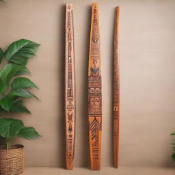 A beautifully crafted wood longbow adorned with intricate stone Aztec face inlays