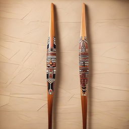 A beautifully crafted wood longbow adorned with intricate stone Aztec face inlays