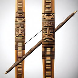 A beautifully crafted wood longbow adorned with intricate stone Aztec face inlays