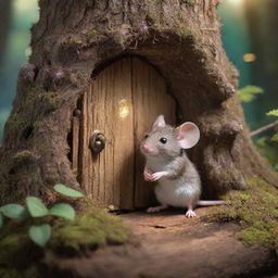 Depict a scene from a magical forest where Sparkle, a small adventurous mouse, discovers a hidden door woven from the roots of ancient trees, radiating with enchanting glow.