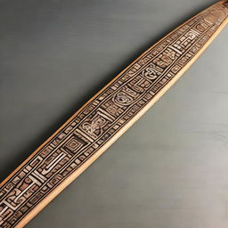 A beautifully crafted wood longbow adorned with intricate stone Aztec face inlays