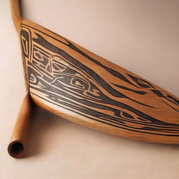 A beautifully crafted wooden arching longbow adorned with intricate stone Aztec face inlays