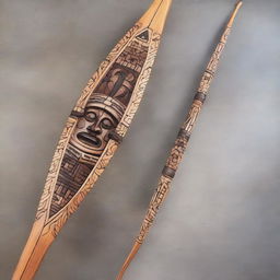 A beautifully crafted wooden arching longbow adorned with intricate stone Aztec face inlays