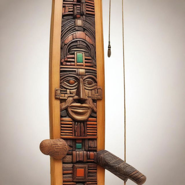 A beautifully crafted wooden arching longbow adorned with intricate stone Aztec face inlays