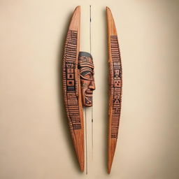 A beautifully crafted wooden arching longbow adorned with intricate stone Aztec face inlays