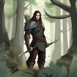 A detailed illustration of a half-elf ranger man standing in a forest