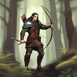 A detailed illustration of a half-elf ranger man standing in a forest