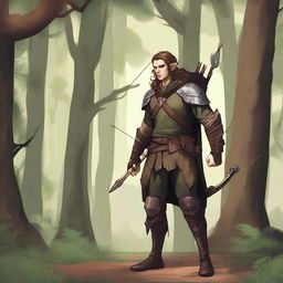 A detailed illustration of a half-elf ranger man standing in a forest