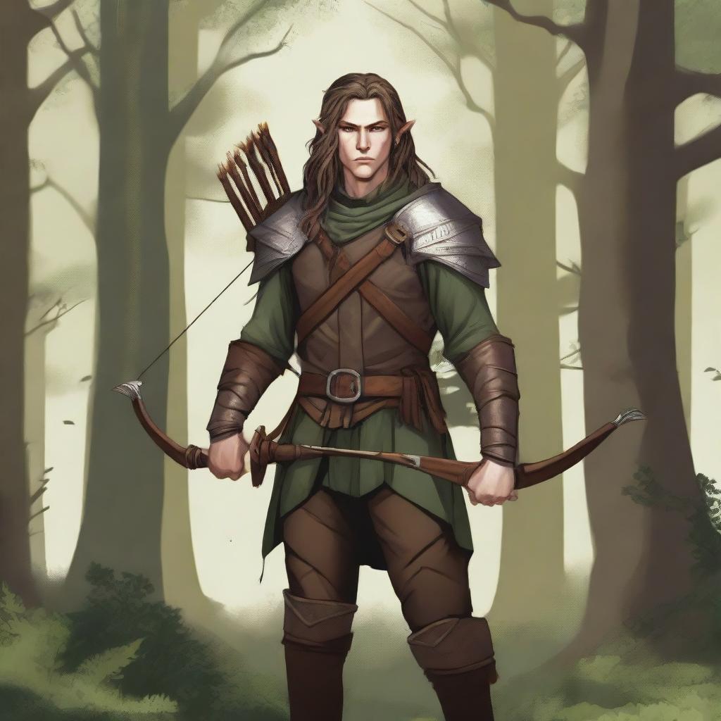 A detailed illustration of a half-elf ranger man standing in a forest