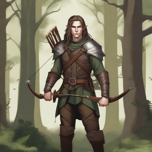 A detailed illustration of a half-elf ranger man standing in a forest